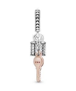 Padlock and key 14k Rose Gold-plated and sterling silver dangle with clear cubic zirconia