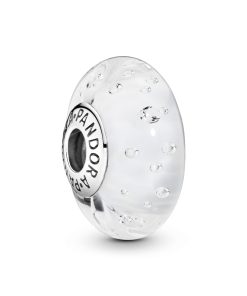 Abstract silver charm in white murano glass with cubic zirconia