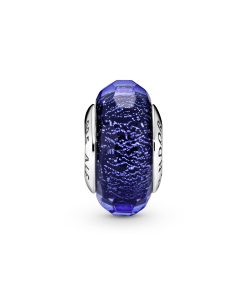 Abstract silver charm with faceted iridescent blue Murano glass