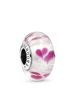 Heart silver charm with transparent. violet. white and dichroic Murano glass and German glass