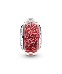 Abstract silver charm with faceted iridescent red Murano glass