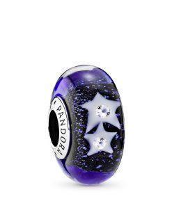 Star silver charm with clear cubic zirconia and iridescent. white. blue and transparent Murano glass