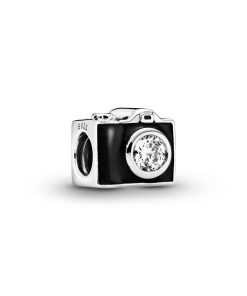 Camera silver charm with black enamel and cubic zirconia