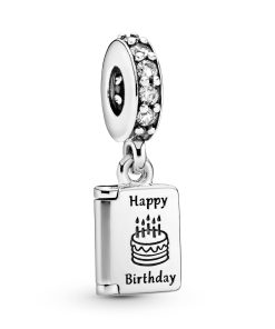 Birthday card silver dangle with clear cubic zirconia
