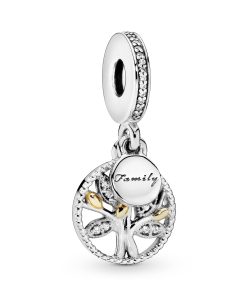 Family tree silver dangle with 14k and clear cubic zirconia