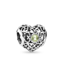 August silver heart charm with peridot