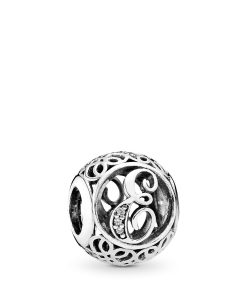 Letter E silver charm with clear cubic zirconia