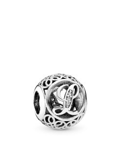 Letter L silver charm with clear cubic zirconia
