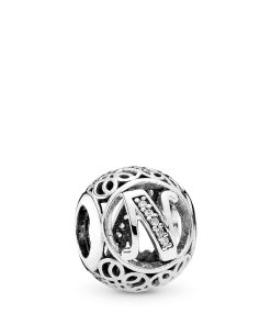 Letter N silver charm with clear cubic zirconia