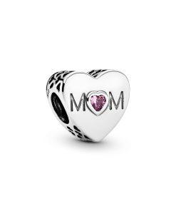 Mum heart silver charm with pink cubic zirconia