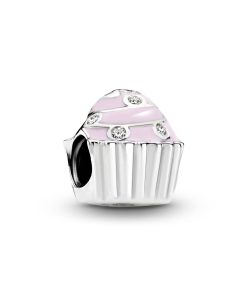 Cupcake silver charm with clear cubic zirconia and pink enamel
