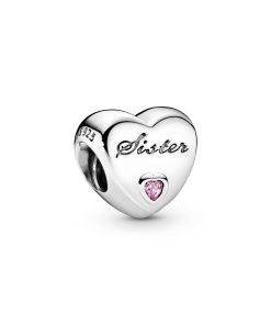 Sister heart silver charm with pink cubic zirconia