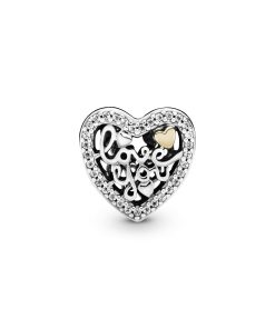 Heart silver charm with 14k and clear cubic zirconia