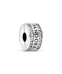 PANDORA logo silver clip with clear cubic zirconia and silicone