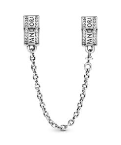 PANDORA logo silver safety chain with clear cubic zirconia and silicone