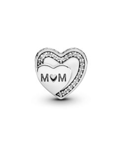 Mum heart silver charm with clear cubic zirconia