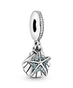 Starfish and shell silver dangle with frosty mint cubic zirconia and clear cubic zirconia