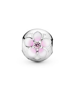 Magnolia silver clip with pink cubic zirconia. white and shaded pink enamel