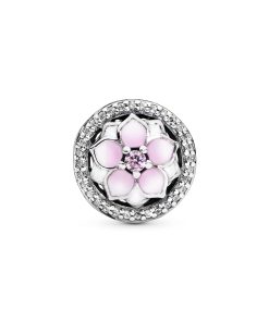 Magnolia silver charm with pink cubic zirconia. clear cubic zirconia. white and shaded pink enamel