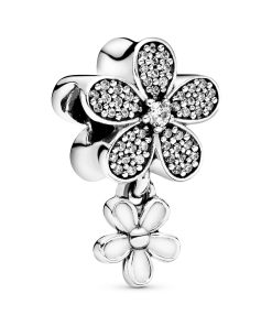 Daisy silver charm with clear cubic zirconia and white enamel