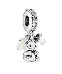 Silver dangle with clear cubic zirconia and silver enamel