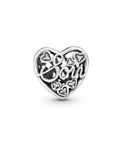 Mother and son heart silver charm with clear cubic zirconia