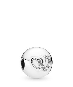 Interlocked hearts silver clip with clear cubic zirconia