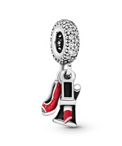 Shoe. dress and lipstick silver dangle with clear cubic zirconia. red and black enamel