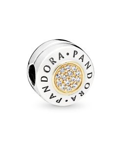 PANDORA logo silver clip with 14k and clear cubic zirconia