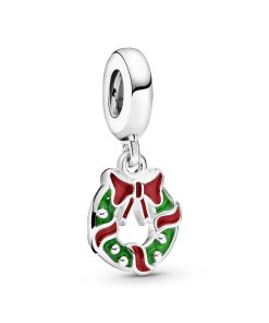 Holiday wreath silver dangle with red and green enamel