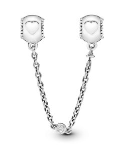 Hearts silver safety chain with clear cubic zirconia