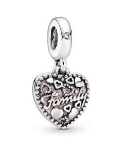 Family heart silver dangle with pink enamel and clear cubic zirconia