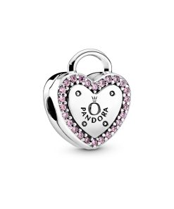 Heart padlock silver clip with fancy fuchsia pink cubic zirconia