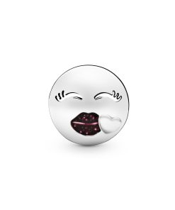 Kiss emoticon silver charm with cerise glitter enamel