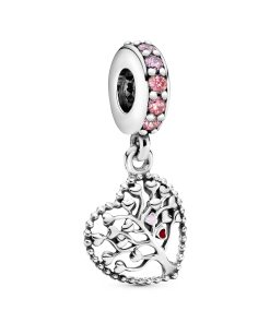 Family tree heart silver dangle with red and pink enamel and mixed pink stones