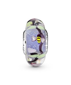 Bee silver charm with iridescent. black. green. white. purple and transparent Murano glass and pink German glass