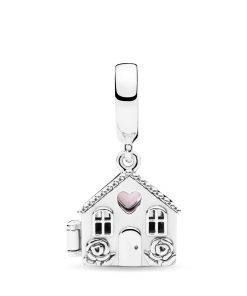 House silver dangle with pink enamel