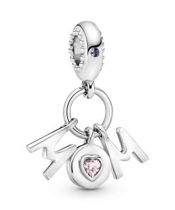 Mum silver dangle with soft pink crystal and lilac crystal