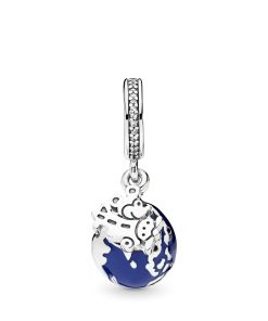 Disney Globe silver dangle with blue enamel. clear cubic zirconia and black crystal