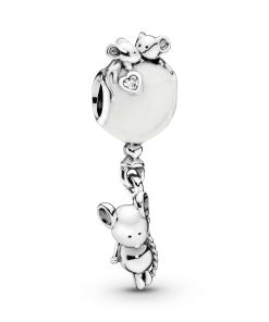 Balloon and mouse silver charm with silver enamel and clear cubic zirconia