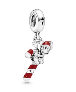 Disney Mickey candy cane silver dangle with red enamel and clear cubic zirconia