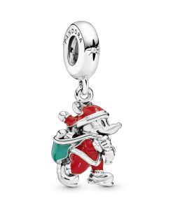 Disney Mickey Santa silver dangle with red. green enamel and clear cubic zirconia