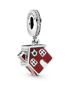 Christmas house silver dangle with red enamel and clear cubic zirconia