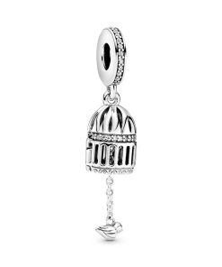 Birdcage openable silver dangle with clear cubic zirconia