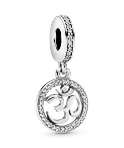 OM sign silver dangle with clear cubic zirconia