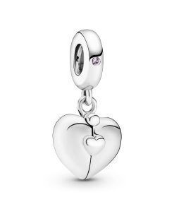 Family heart openable silver dangle with pink enamel and pink mist crystal