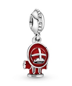 Fire hat and fire tap silver dangle with red. black enamel and clear cubic zirconia