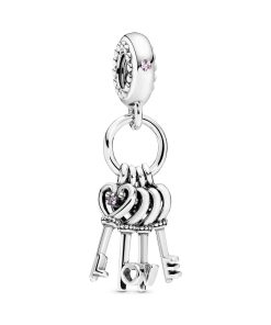 Love keys silver dangle with pink mist. royal purple. royal blue crystal and red cubic zirconia