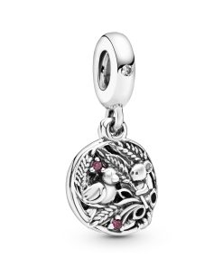 Wheatfield bird and mouse silver dangle with purple enamel. red and clear cubic zirconia