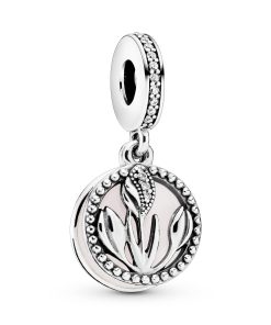 Tulip silver dangle with clear cubic zirconia. white and shaded pink enamel